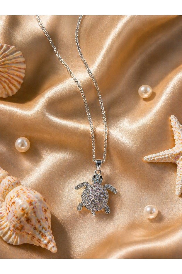 Sparkling Stone Lucky Turtle Steel Necklace (Silver Color)