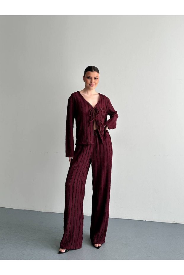 Women's Textured Shirt and Trousers Set with Tie Detail, Comfortable Cut, Two-Piece Summer Set