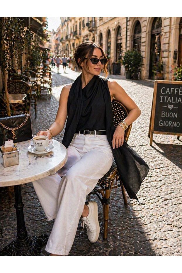 Luxury drapeli shawl collar zero sleeve blouse black color