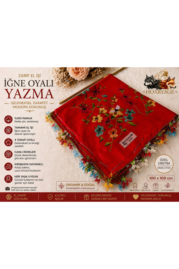 Brand Handcrafted Needle Embroidered Writing 100% Cotton Muslin – 4 Sides Embroidered Elegant Headscarf 100X100 cm