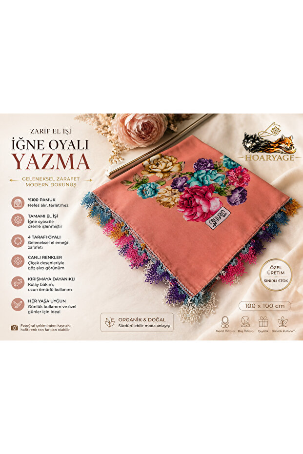 Brand Handcrafted Needle Embroidered Writing 100% Cotton Muslin – 4 Sides Embroidered Elegant Headscarf 100X100 cm