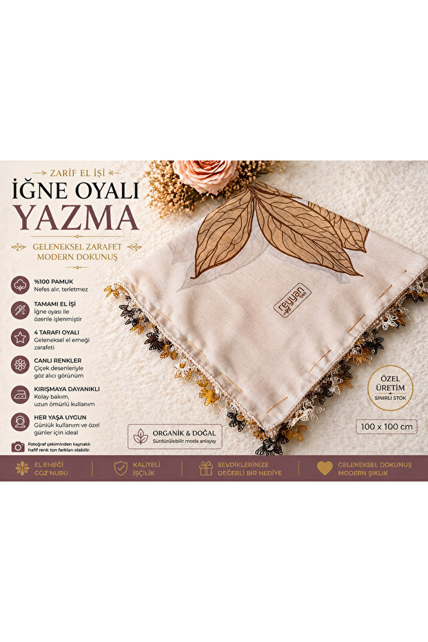Brand Handcrafted Needle Embroidered Writing 100% Cotton Muslin – 4 Sides Embroidered Elegant Headscarf 100X100 cm
