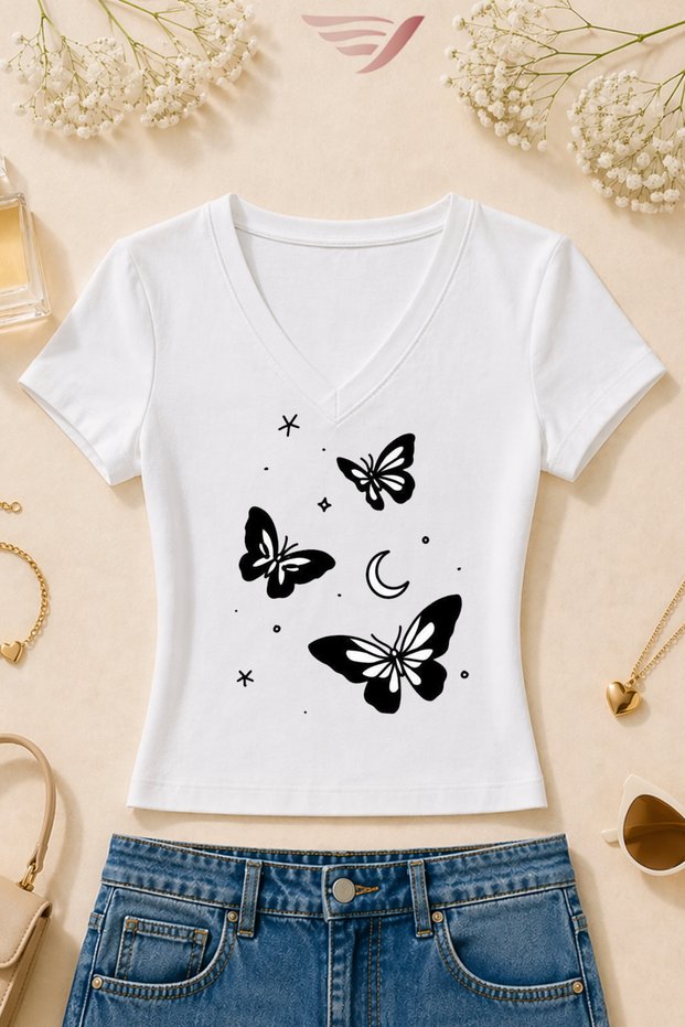 Women's Minimal Butterfly Printed Basic Daily Use V-Neck Slim Fit T-Shirt