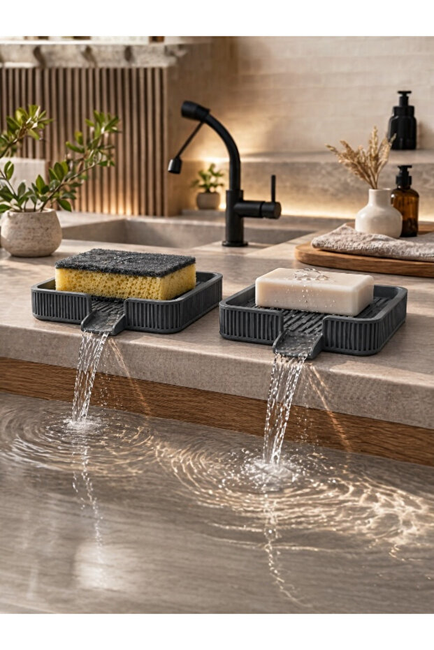 Sponge Holder & Soap Dish with Drain – Water Draining Kitchen Sink Organizer Base (Dark Gray)