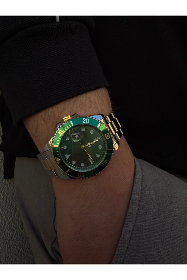 Green Active Dial Active Calendar Steel Men's Wristwatch Gold Silver Two Colors
