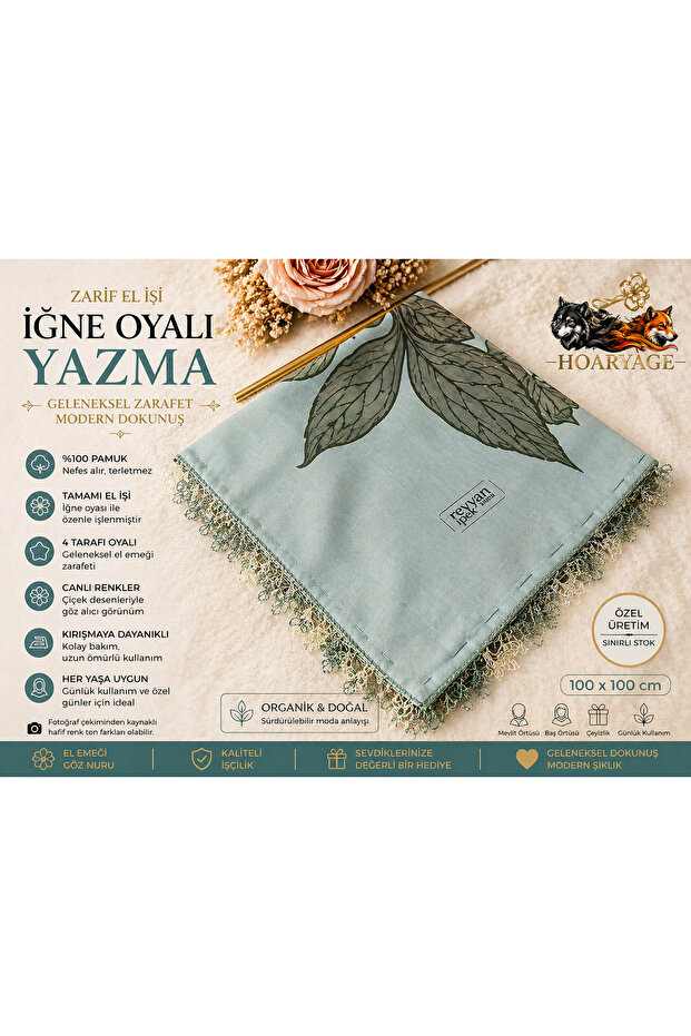 Brand Handcrafted Needle Embroidered Writing 100% Cotton Muslin – 4 Sides Embroidered Elegant Headscarf 100X100 cm