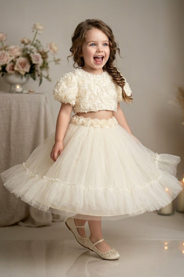 Baby Girl Birthday Party Wedding Dress Double Set Short Sleeve Rose Bow Tulle Tutu Lined