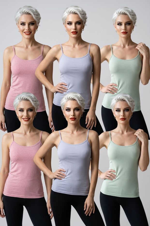 6-Piece Mega Pack Women's Thin String Strap Cotton Undershirt Extra Ribbed U-Neck Flexible Comfortable Daily Basic Underwear Plus Size