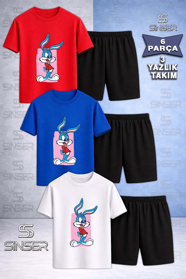 Children's Tavsan Boys Pink Canvas Printed Crew Neck 3-Piece T-Shirt - Shorts Set