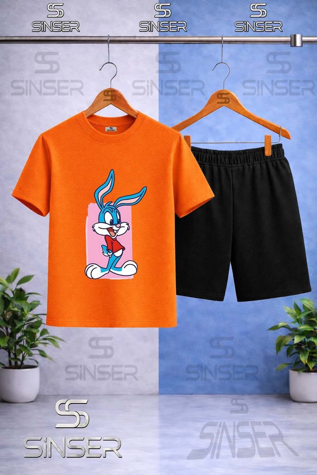 Children's Tavsan Boys Pink Canvas Printed Crew Neck T-Shirt - Shorts Set