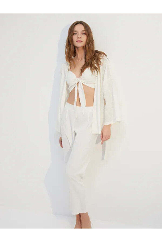 Linen embroidered robe bralette pant set bjm-1722