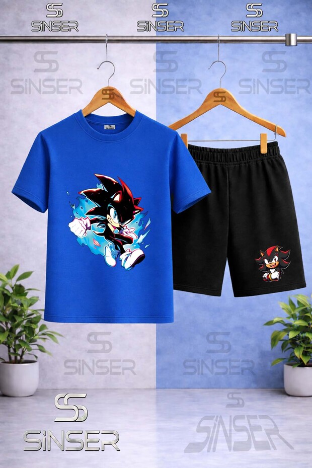 Children's Snic Black Blue Canvas Printed Crew Neck T-Shirt - Shorts Set