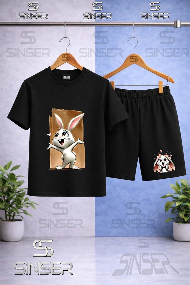 Children's Tavsan Canvas Brown Printed Crew Neck T-Shirt - Shorts Set