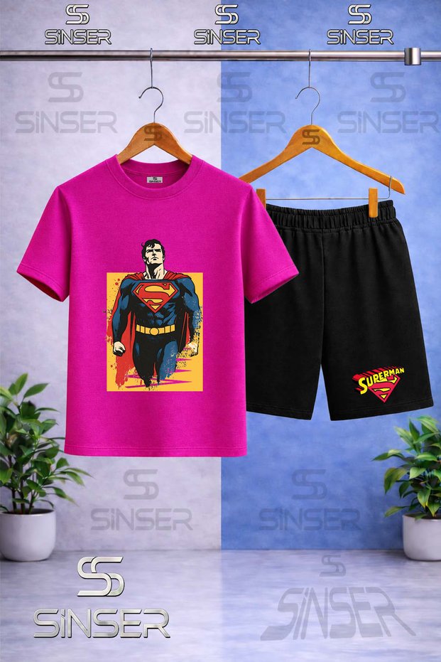 Children's Sprman Sari Tvl Yarim Govde Printed Crew Neck T-Shirt - Shorts Set