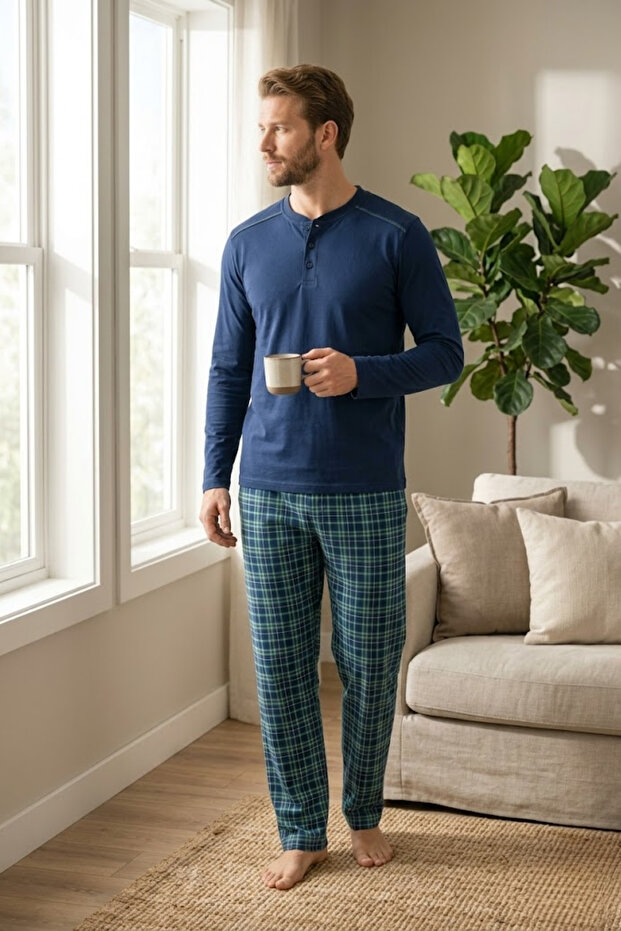 Men's 100% Cotton Ghost Pajama Set Long Sleeve Buttoned Collar Combed Cotton Top with Plaid Pants Home Wear Set