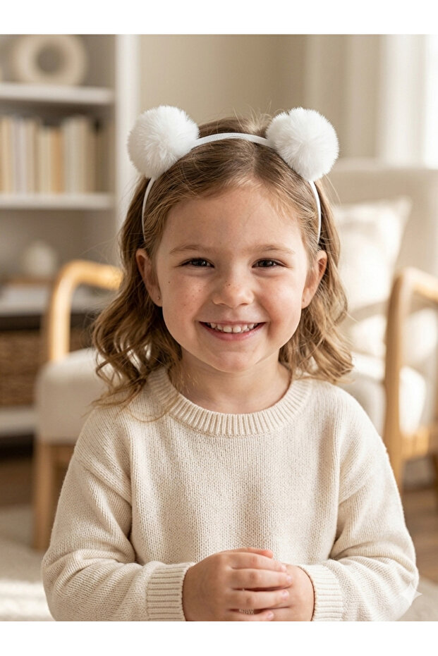 White Plush Pompom Hair Bandana for Babies and Children