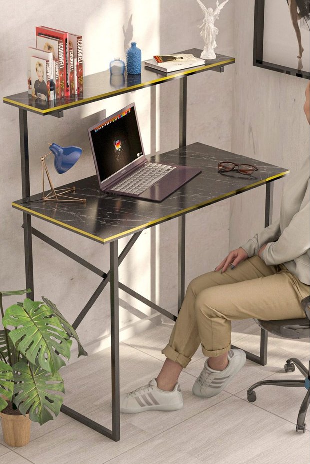 Study table with two floors, black marbled, , pale,