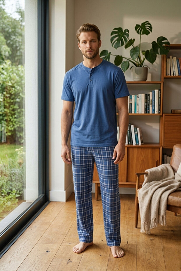 Men's 100% Cotton Ghost Pajama Set Short Sleeve Buttoned Collar T-Shirt with Plaid Pants Summer Home Wear Set