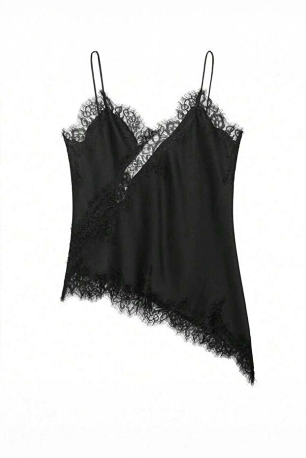 Black Asymmetrical Cut Vintage Lace Detailed Y2K Strap Crop