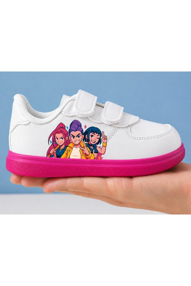 Finger Girls Printed White Pink Sole Band Children's Sports Shoes Sneaker