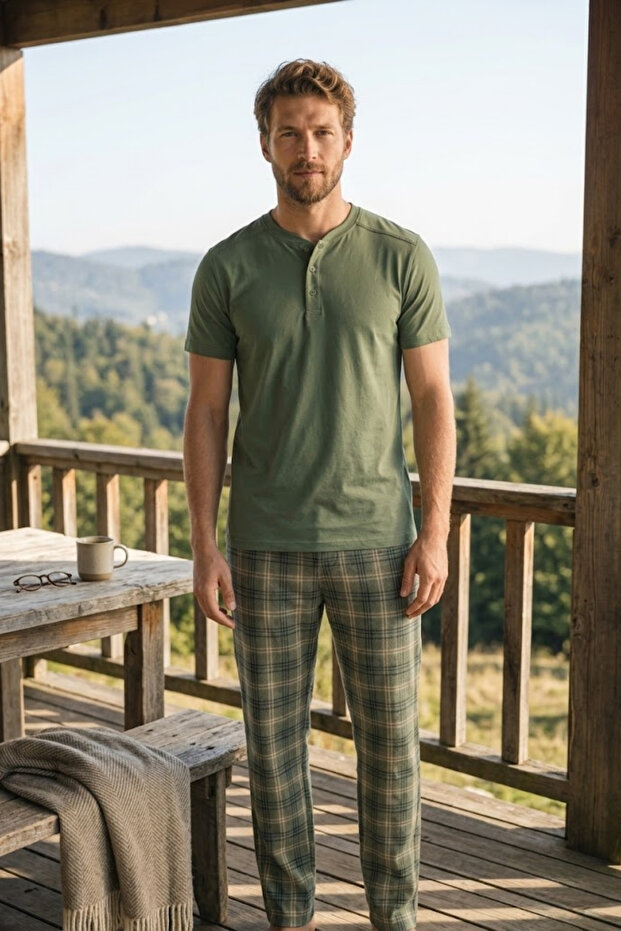 Men's 100% Cotton Ghost Pajama Set Short Sleeve Buttoned Collar T-Shirt with Plaid Pants Summer Home Wear Set