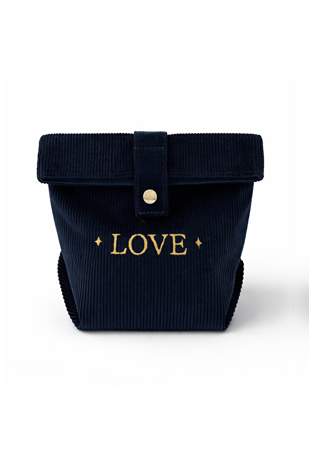 Velvet Makeup Bag Navy Blue – Love Embroidered Suede Lined Organizer & Travel Bag 17X23X10 cm