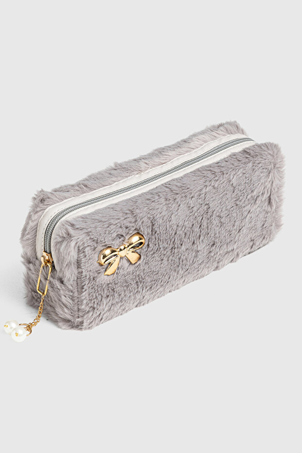 Plush Fabric Bowknot Detailed Pencil Case and Makeup Bag with Pearls - Aesthetic Soft Organizer