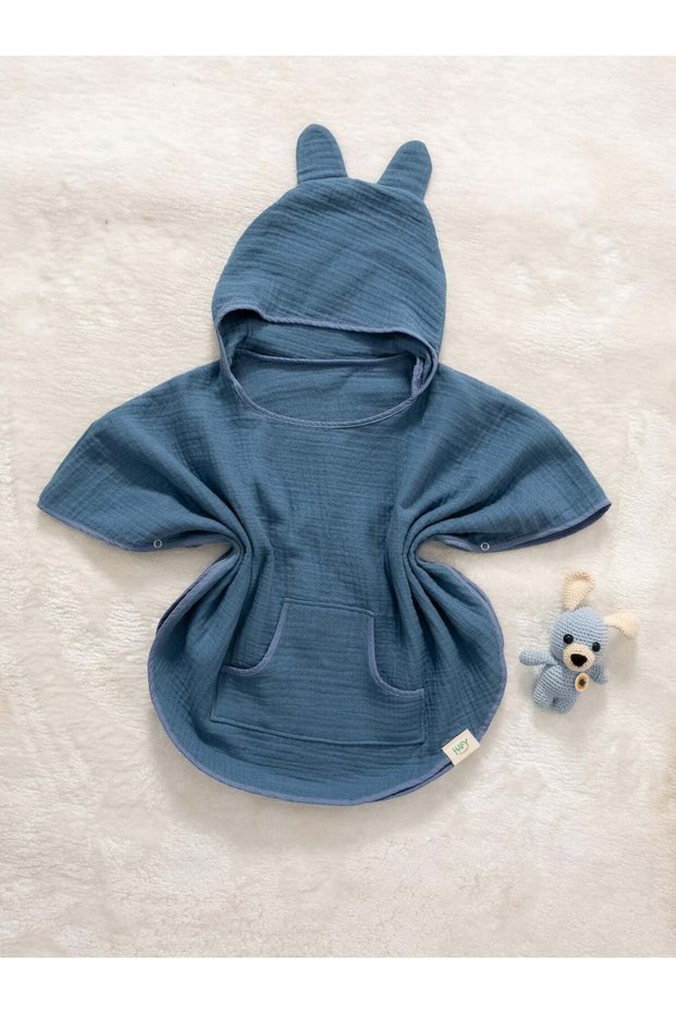 5 Colors Organic Cotton, Hooded Muslin Children's Poncho / Indigo Blue