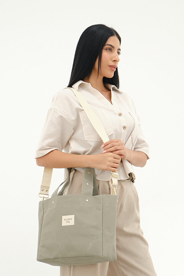 Gold Staple Detailed Matcha Latte Waxed Canvas & Gold Staple Detailed Strap (Width:28 Length:25)