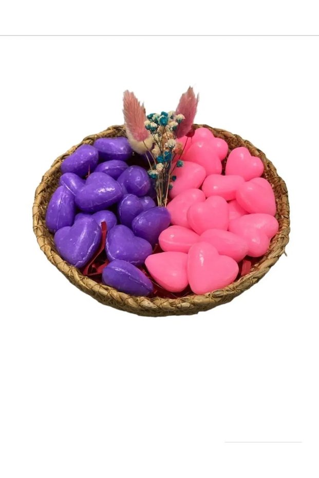 Mini Heart Decorative Scented Basket Soap in Purple and Pink Colors (15 Pink, 15 Purple, 30 Pieces in the Basket, 2*2 cm)