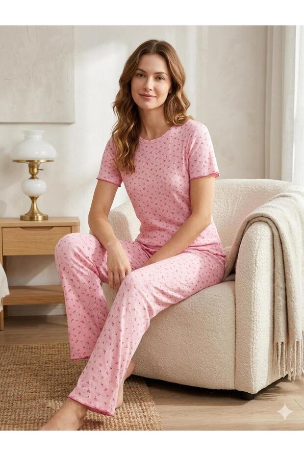 Summer Knitted Patterned Women's Short Sleeve Pajama Set