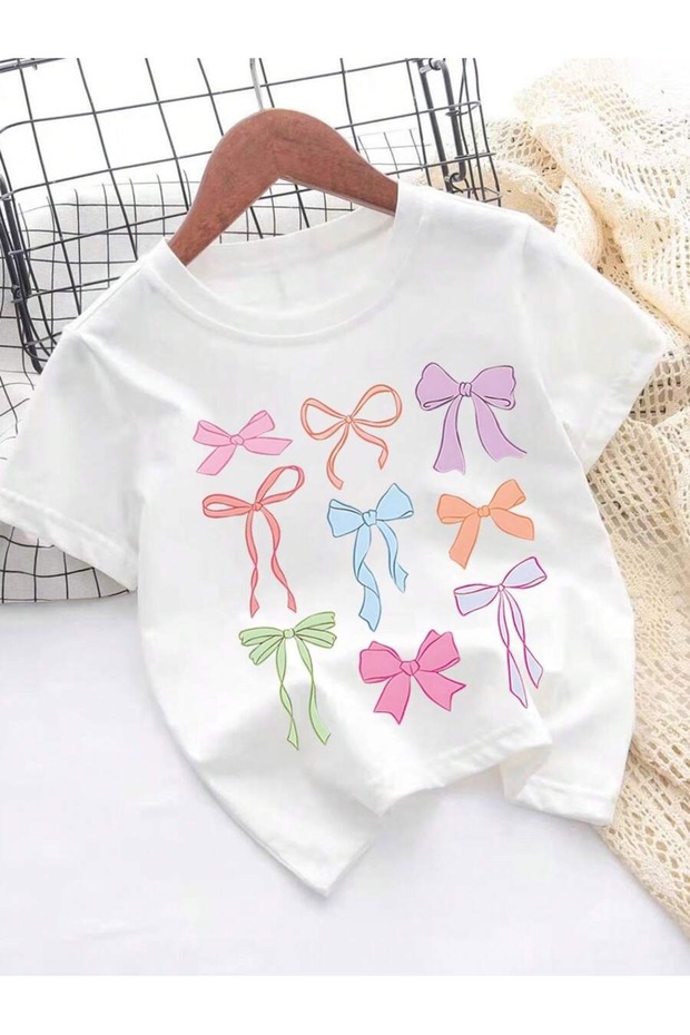 Ribbon Printed Crew Neck 100% Cotton Short Sleeve Kids and Teenagers T-Shirt