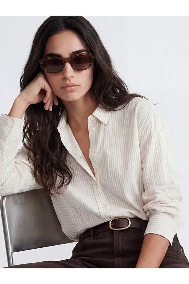 Beige Striped Oversize Women's Shirt