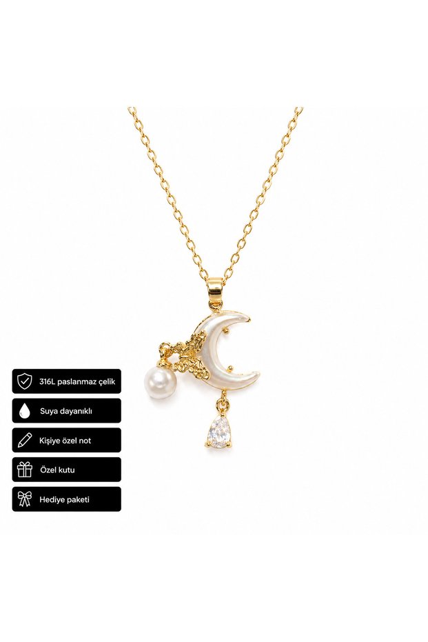 Moon Figured Pearl Detailed 316L Steel Necklace Gift Option