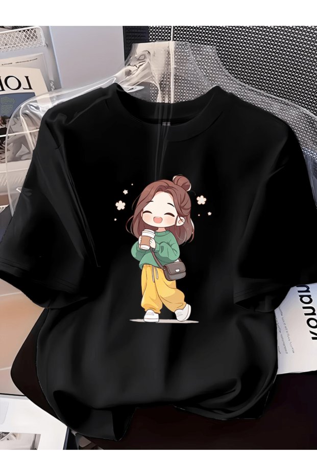Cute character holding a coffee cup printed premium oversize t-shirt