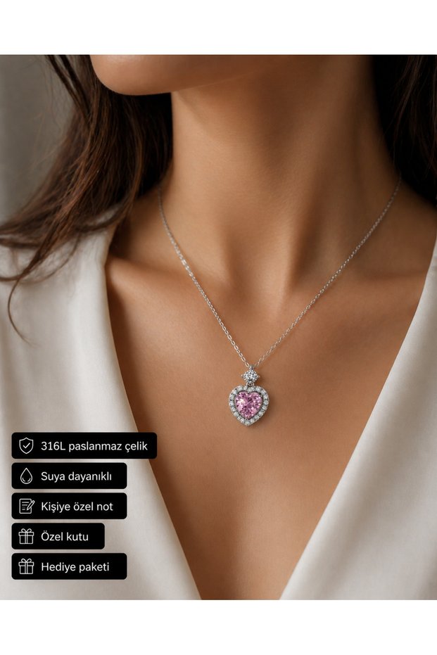 Pink Stone Heart Pendant Silver Color Chain Women's Steel Necklace
