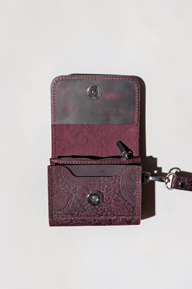 Purple Women's Wallet with Shawl Pattern, Genuine Leather, Small Size Wallet with Wrist Strap and Coin Compartment
