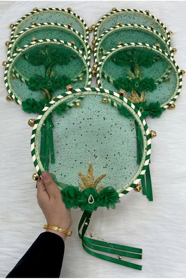 Emerald Green Bridal Bridesmaid Tambourine, with Flower Sparkling Sequins and Shiny Stones, Wedding Henna Bride Circumcision Party Decoration 1 Piece