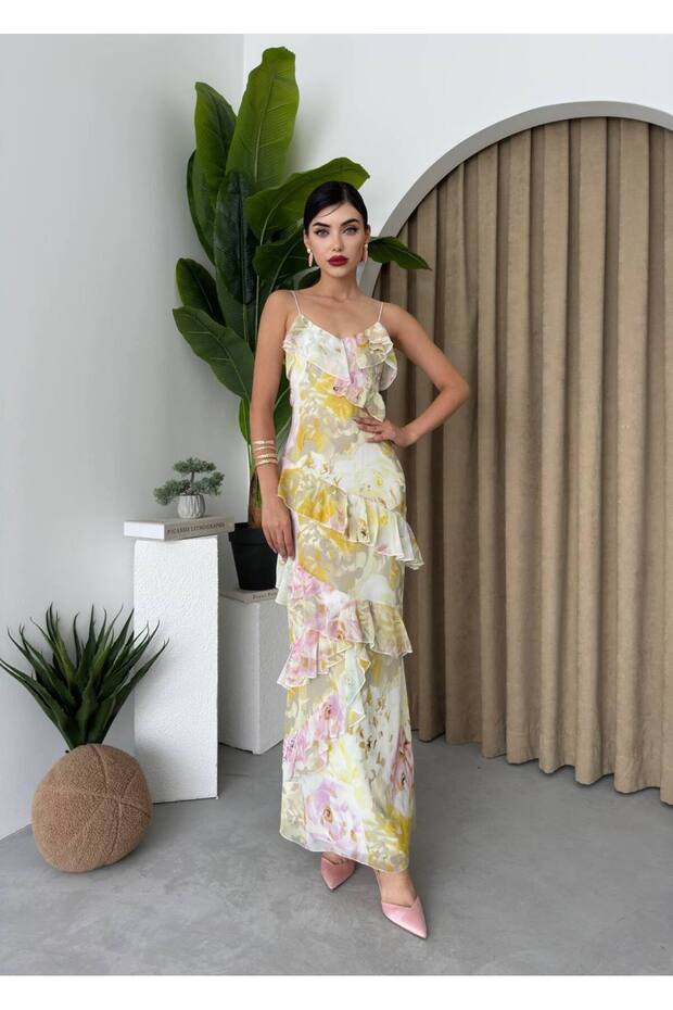 Women's Rope Strap Ruffle Detailed V-Neck Lined Maxi Long Length Premium Dress
