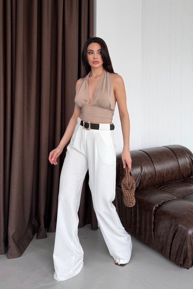 White Belt Detailed Pleated Palazzo Trousers
