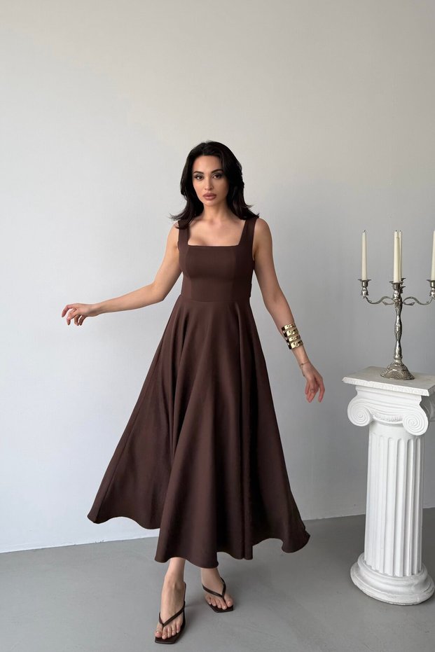 Brown Square Neck Tie Back Dress