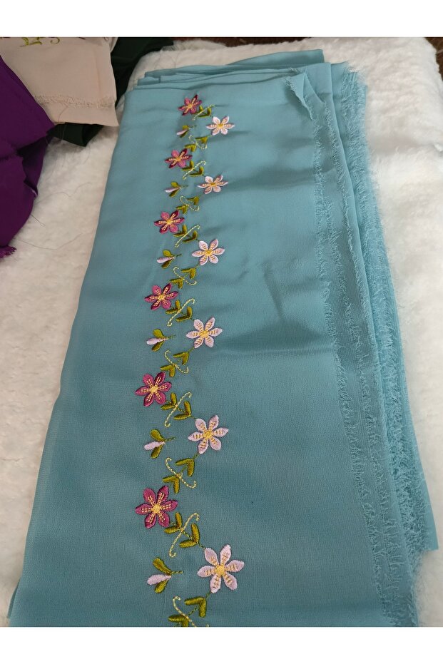 Elegant Flower Pattern Embroidered Crepe Fabric Prayer Cover, Dowry Mevlit Headscarf Without Needlework