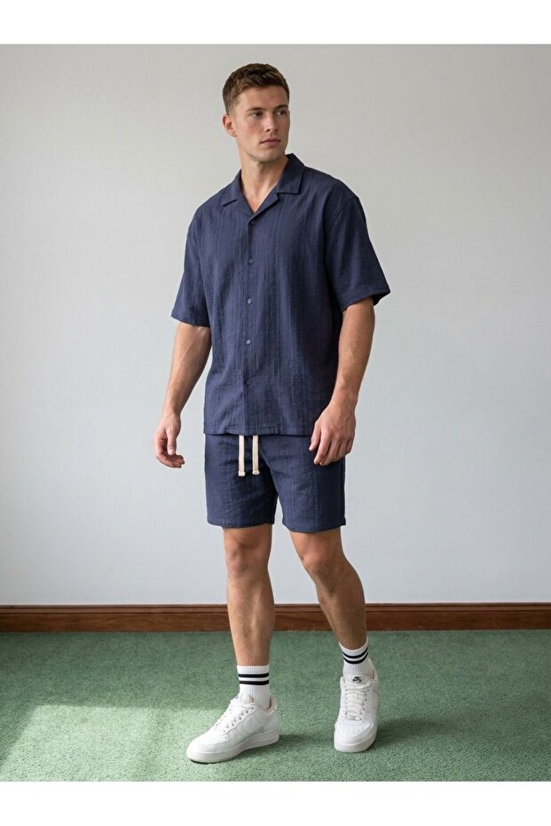 Men's Jacquard 100% Cotton Textured Shirt Shorts Set Navy Blue 3016Dngr
