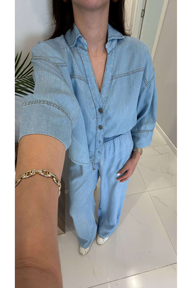 Zensia Blue Tencel Shirt Pants Set