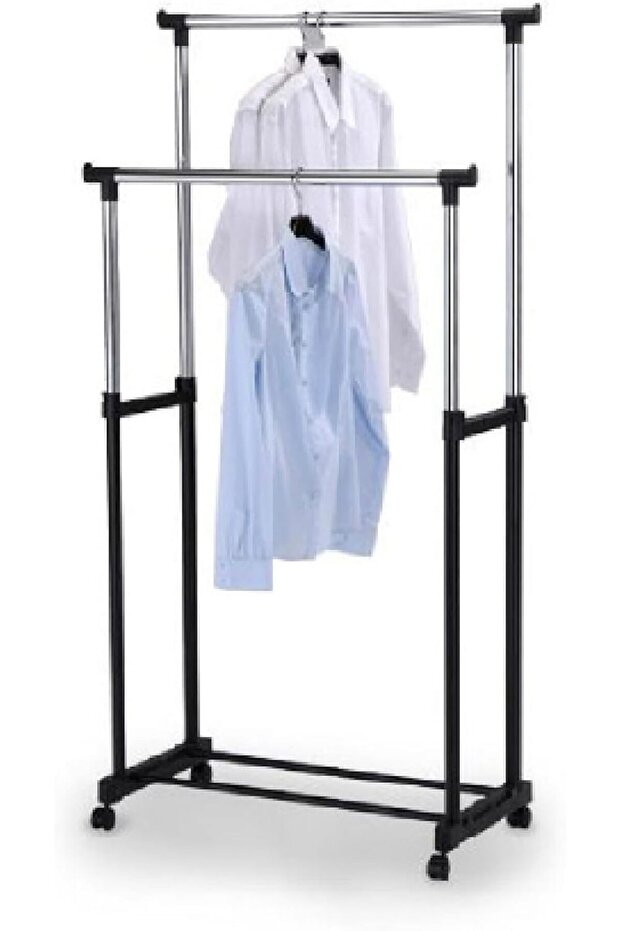 Double Pole Telescopic Clothes Hanger Rack, Black,