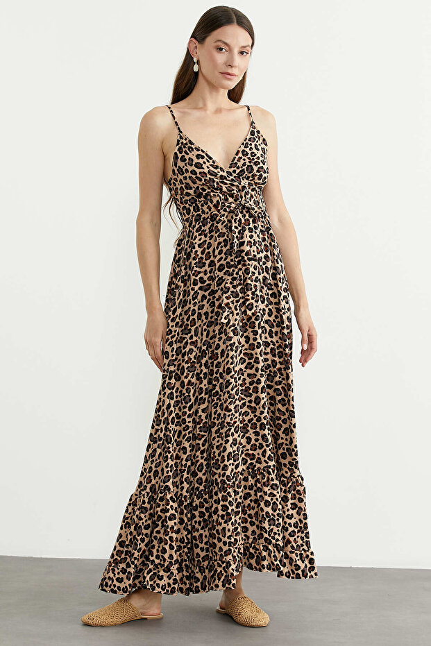 Leopard Patterned Strappy Long Dress - Beige - 4