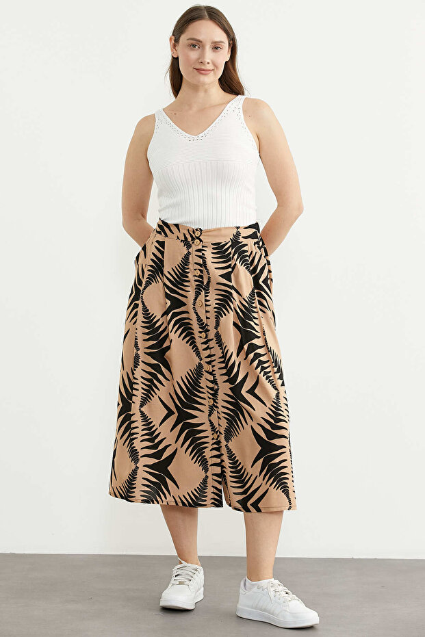 Viscose Flared Patterned Skirt - Camel - 3