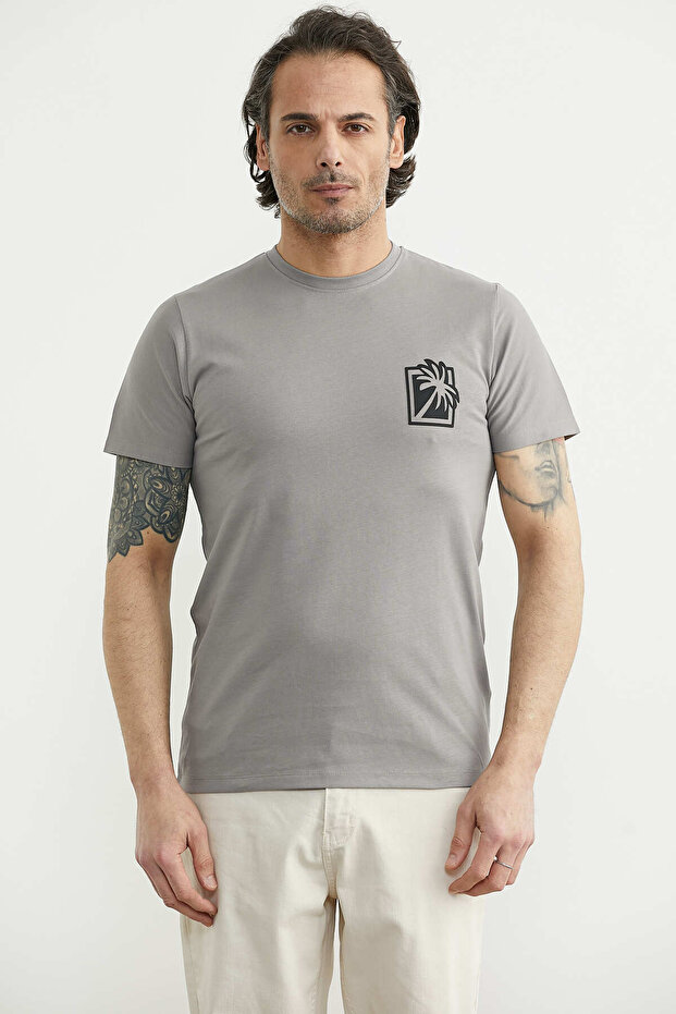 Palm Tree Printed Basic Short Sleeve T-Shirt - Gray - 1
