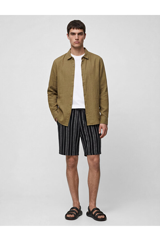 Regular Fit Wrinkled Cotton Bermuda Striped Summer Shorts with Tie Waist
