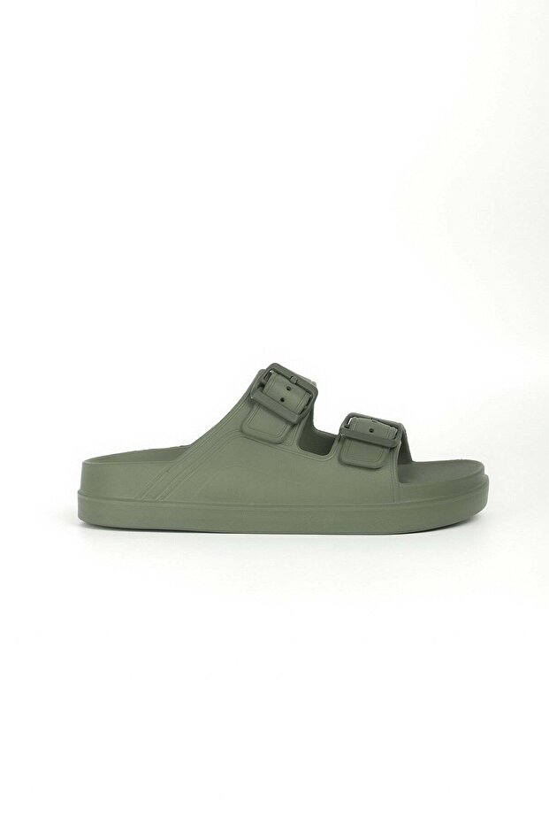 Women's Buckle Detailed Khaki Eva Beach Slippers 23706